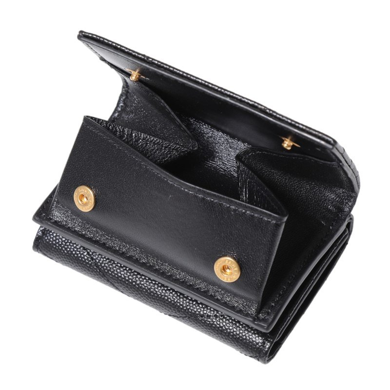 【YSL】SAINT LAURENT Monogram 荔枝皮 皮革 三折開釦 短夾 卡夾 零錢包 黑色 金色 668274-2