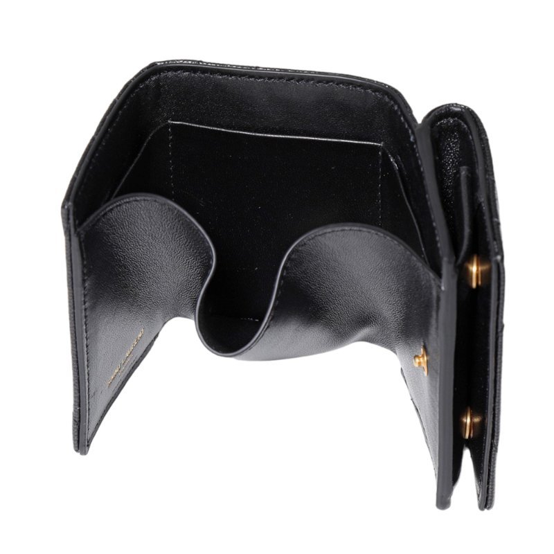 【YSL】SAINT LAURENT Monogram 荔枝皮 皮革 三折開釦 短夾 卡夾 零錢包 黑色 金色 668274-3