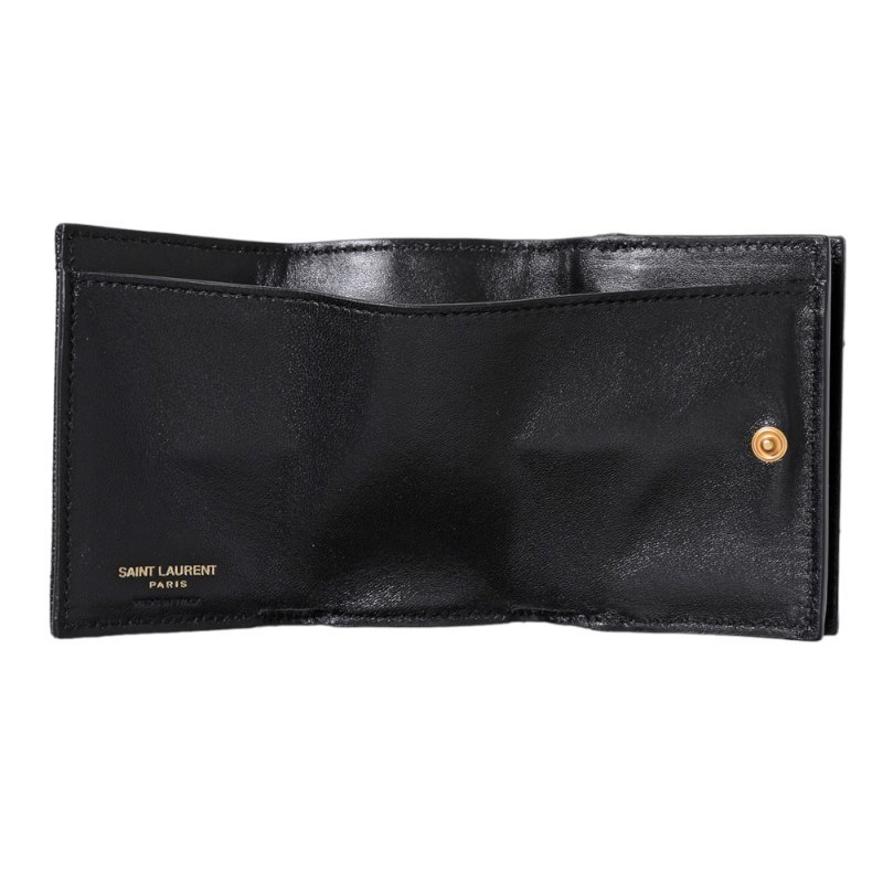 【YSL】SAINT LAURENT Monogram 荔枝皮 皮革 三折開釦 短夾 卡夾 零錢包 黑色 金色 668274-5