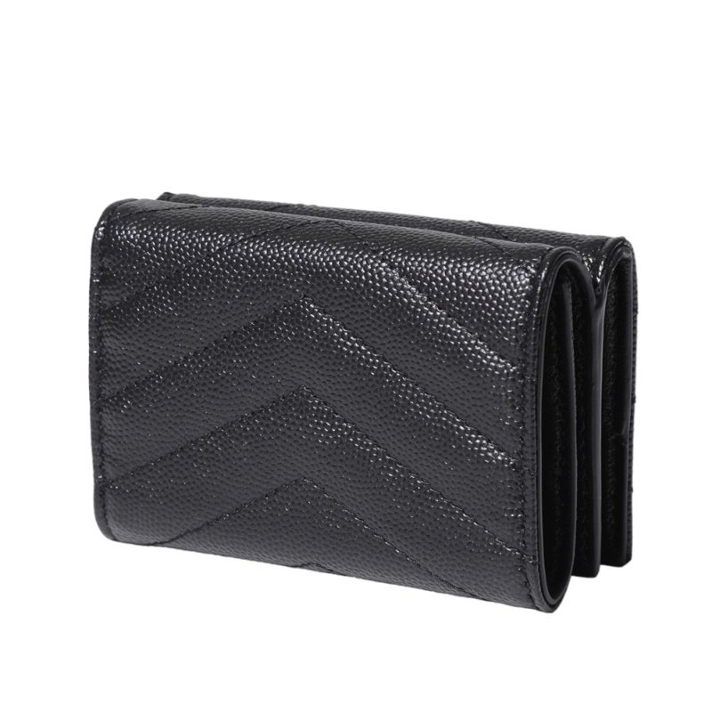 【YSL】SAINT LAURENT Monogram 荔枝皮 皮革 三折開釦 短夾 卡夾 零錢包 黑色 金色 668274-6