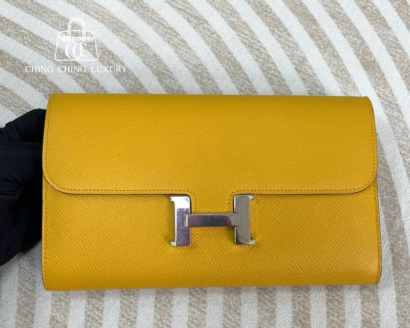 🌈Hermes💛Constance Wallet💛琥珀黃色內拼淺藍銀扣🌟98新🌈Epsom皮🌟-0
