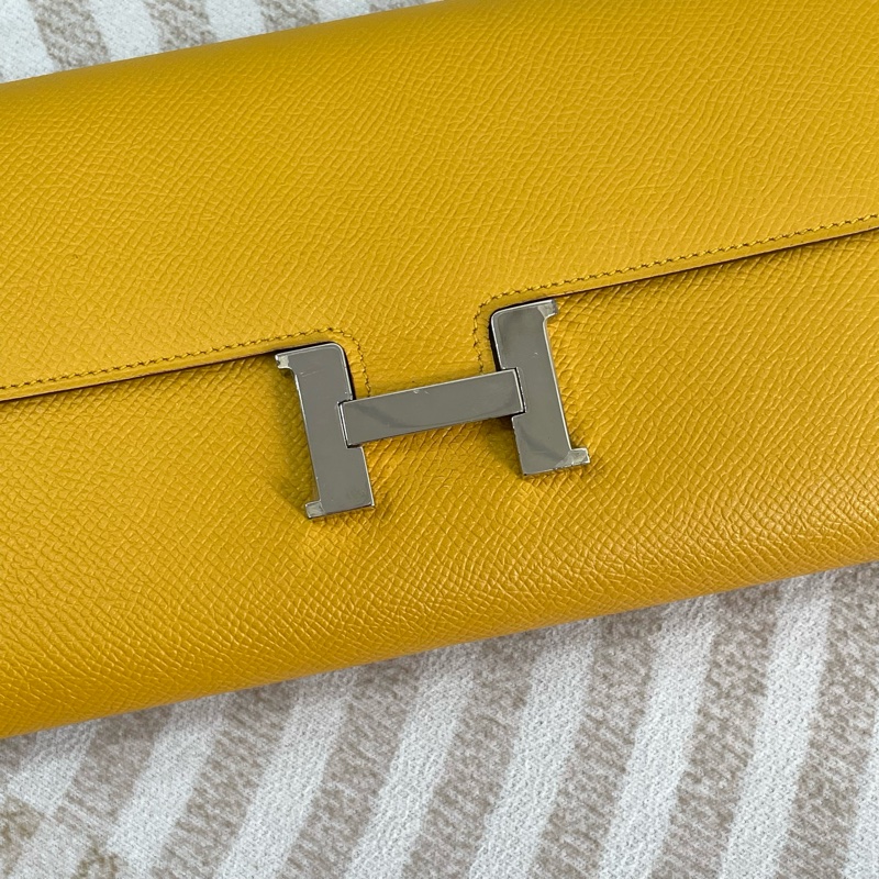 🌈Hermes💛Constance Wallet💛琥珀黃色內拼淺藍銀扣🌟98新🌈Epsom皮🌟-1