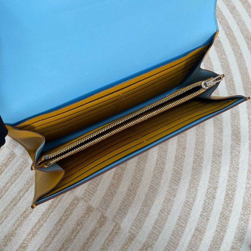 🌈Hermes💛Constance Wallet💛琥珀黃色內拼淺藍銀扣🌟98新🌈Epsom皮🌟-3