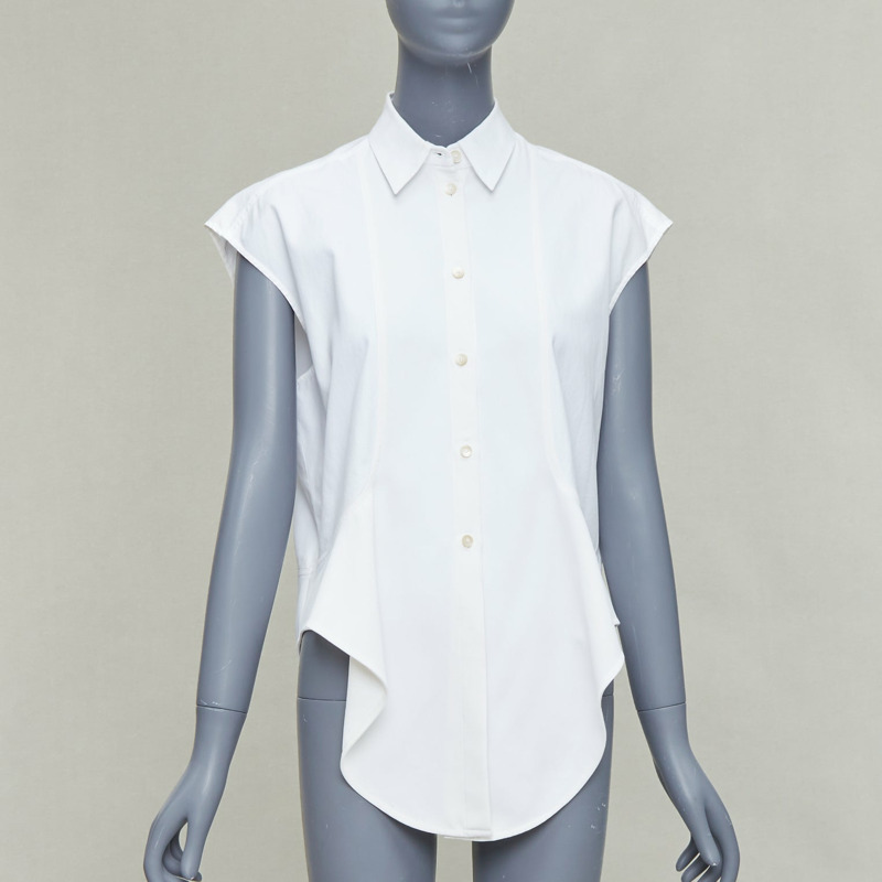 BALENCIAGA white mixed fabric drape cap sleeves collared shirt FR36 S-0
