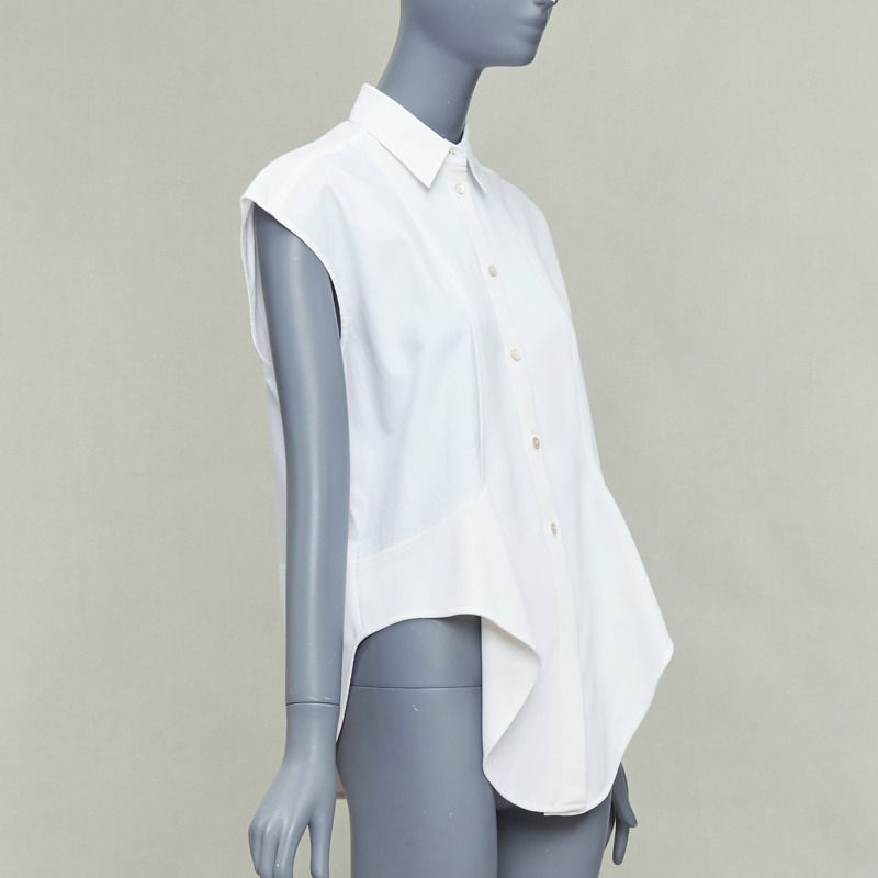 BALENCIAGA white mixed fabric drape cap sleeves collared shirt FR36 S-2
