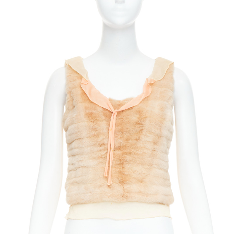 rare PRADA Vintage cream dyed fur pink silk satin bow vest top IT40 S-0