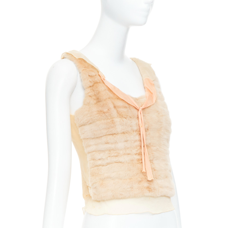rare PRADA Vintage cream dyed fur pink silk satin bow vest top IT40 S-2
