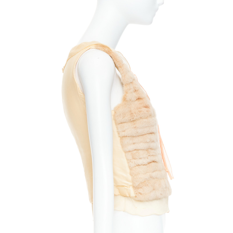 rare PRADA Vintage cream dyed fur pink silk satin bow vest top IT40 S-3