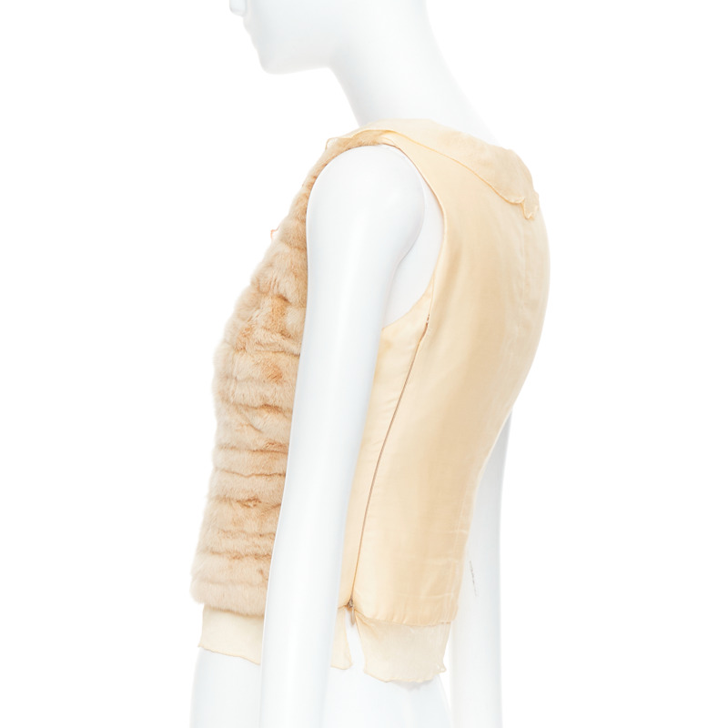 rare PRADA Vintage cream dyed fur pink silk satin bow vest top IT40 S-5