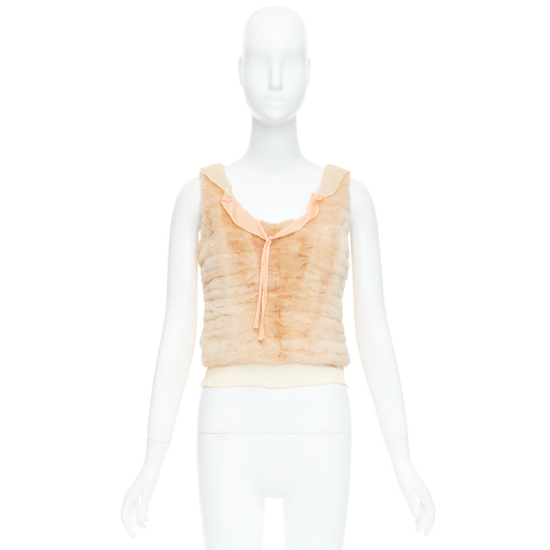 rare PRADA Vintage cream dyed fur pink silk satin bow vest top IT40 S-9