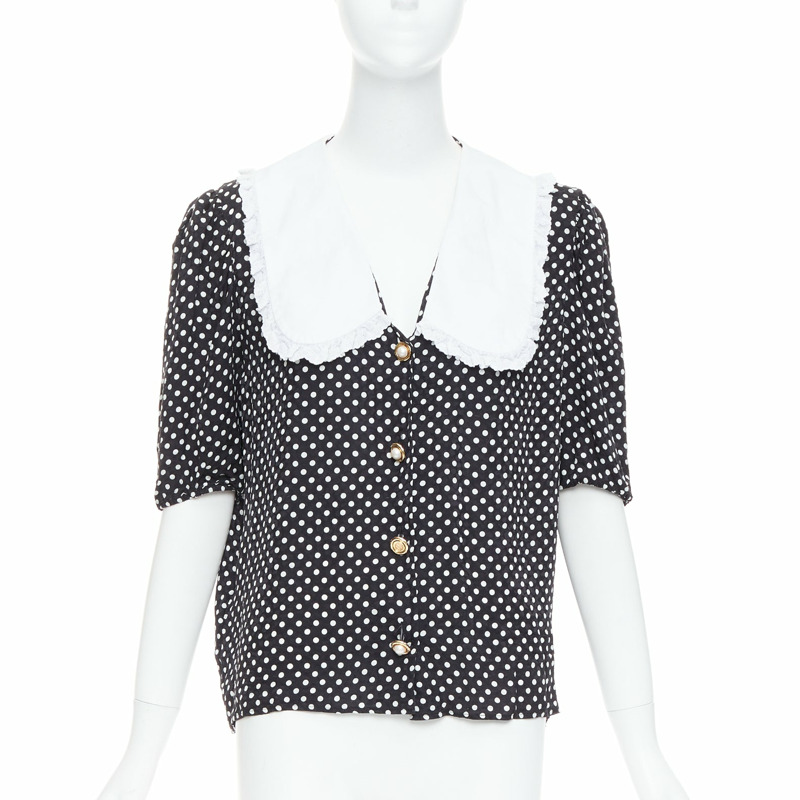 MIU MIU 2021 black white silk cotton trim polka dot vintage blouse IT42 M-0