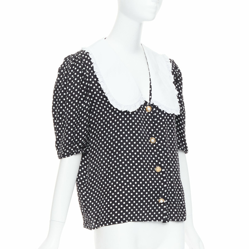 MIU MIU 2021 black white silk cotton trim polka dot vintage blouse IT42 M-2