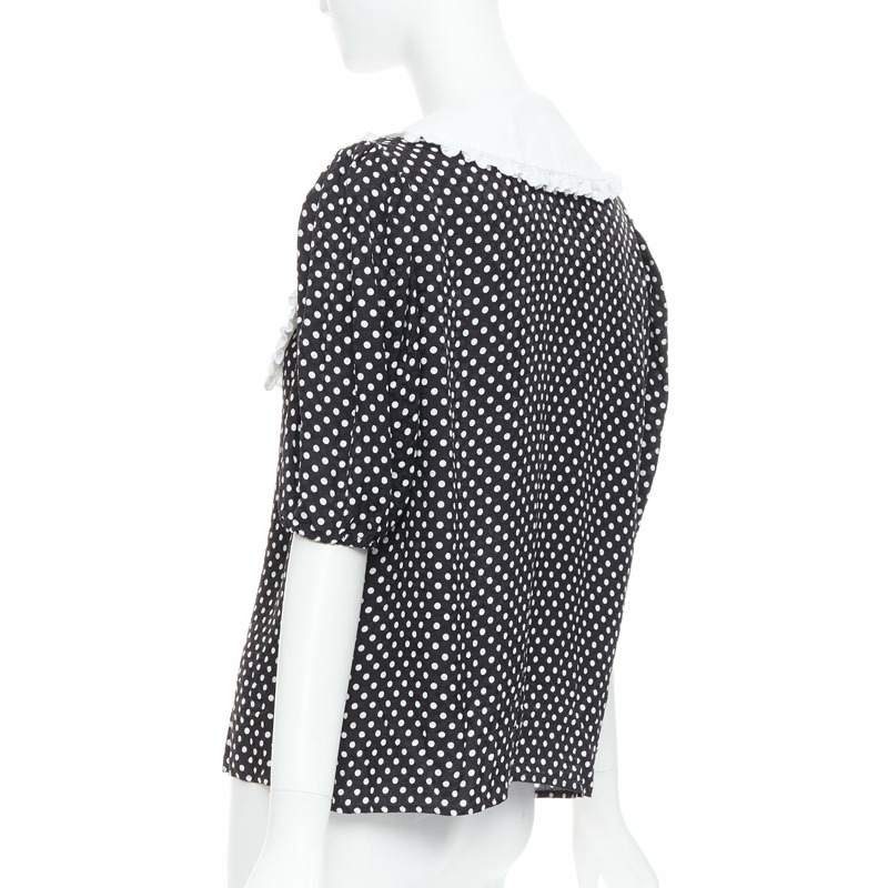 MIU MIU 2021 black white silk cotton trim polka dot vintage blouse IT42 M-5