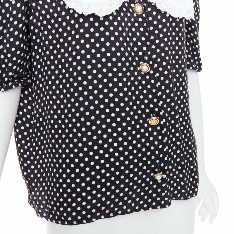 MIU MIU 2021 black white silk cotton trim polka dot vintage blouse IT42 M-6