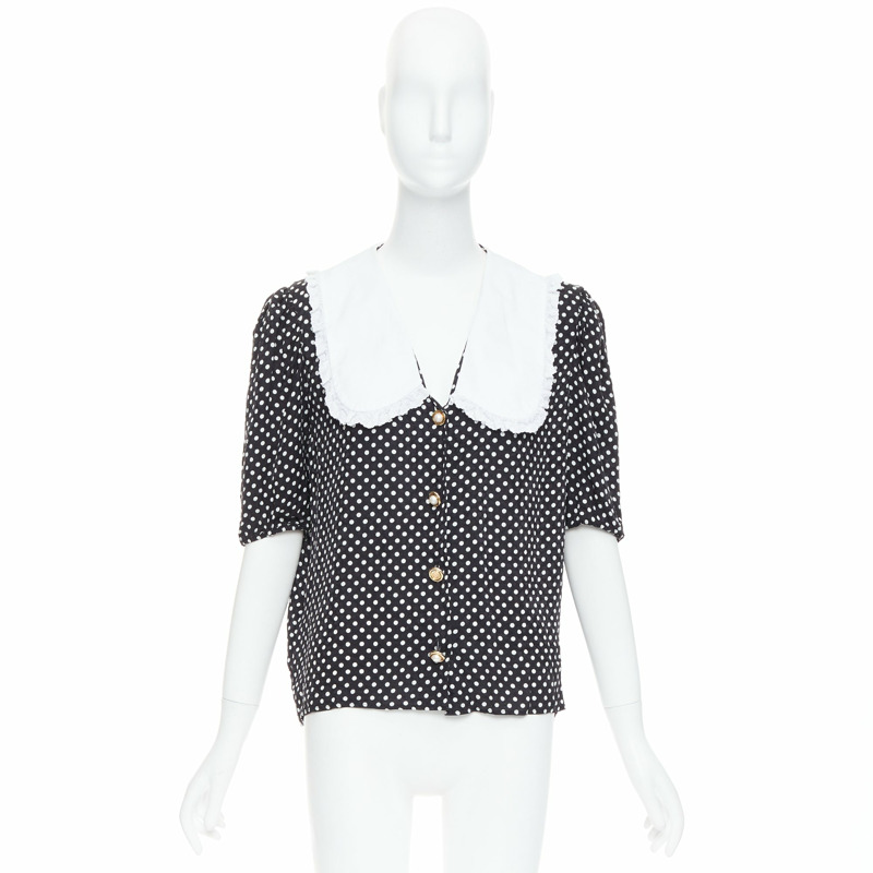 MIU MIU 2021 black white silk cotton trim polka dot vintage blouse IT42 M-8