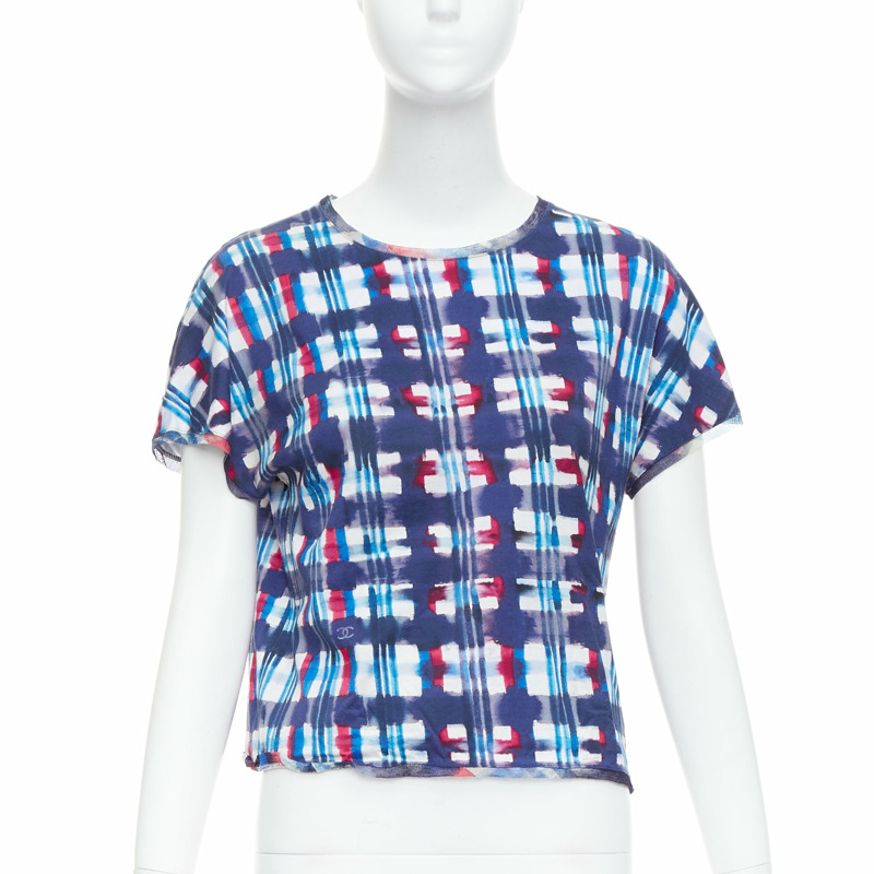 CHANEL 17P Runway blue red check CC logo print silk trim crop top FR36 S-0