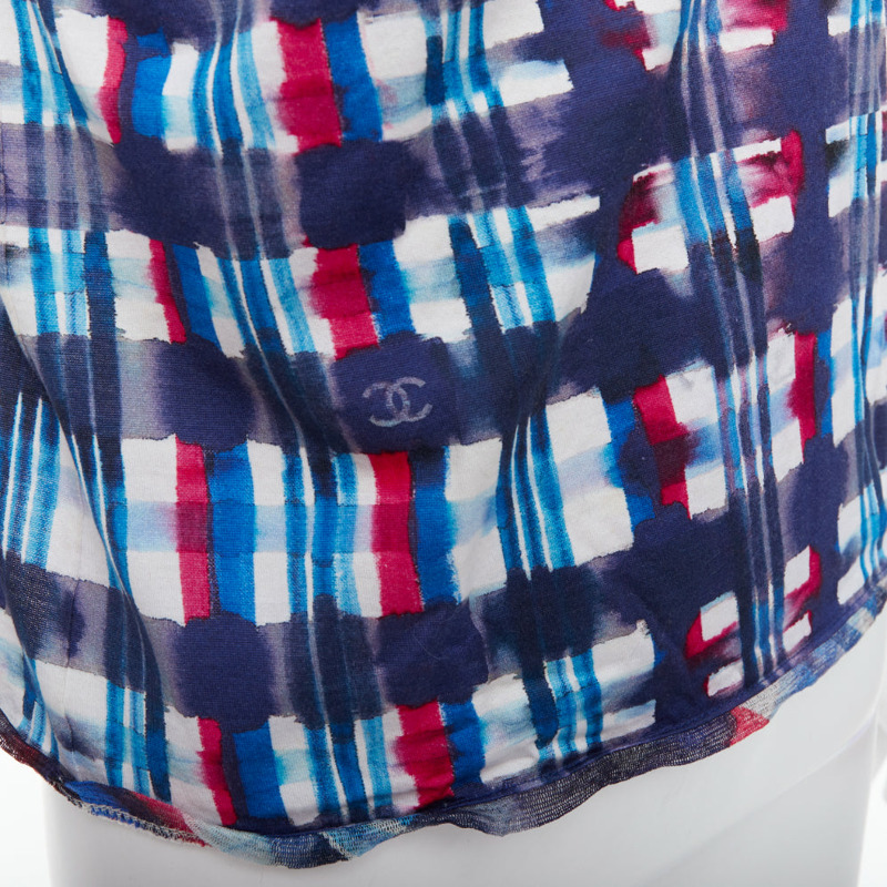 CHANEL 17P Runway blue red check CC logo print silk trim crop top FR36 S-1