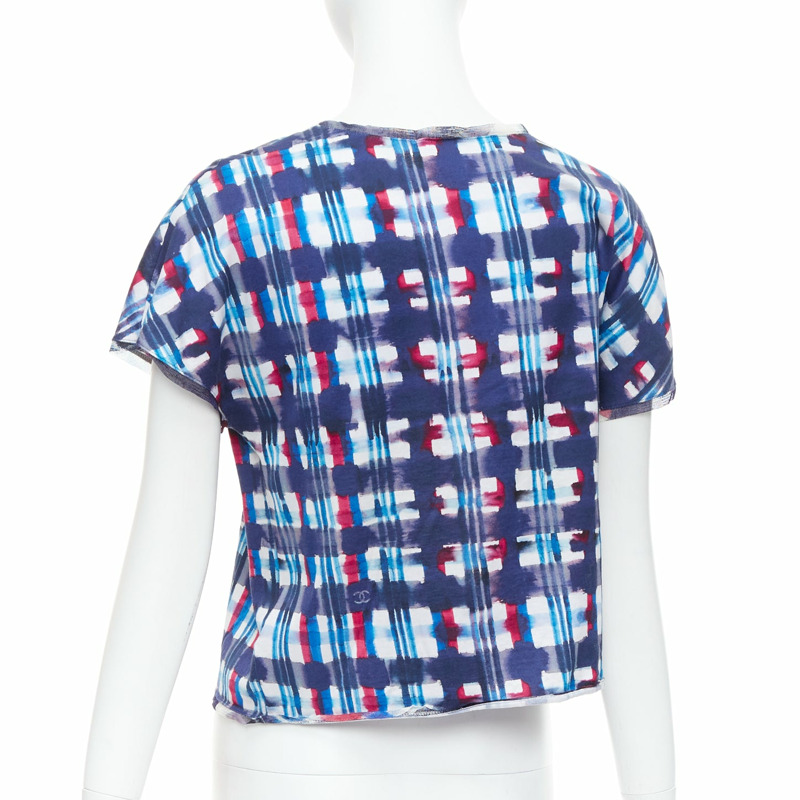 CHANEL 17P Runway blue red check CC logo print silk trim crop top FR36 S-4
