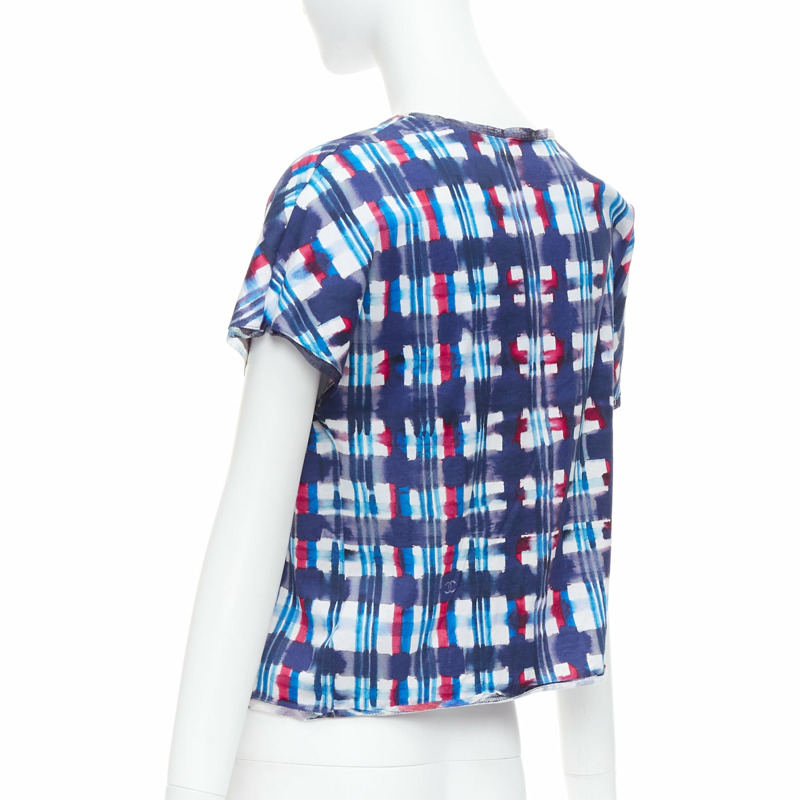 CHANEL 17P Runway blue red check CC logo print silk trim crop top FR36 S-5