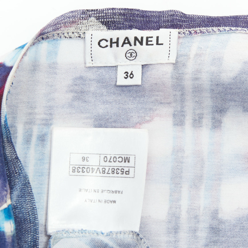 CHANEL 17P Runway blue red check CC logo print silk trim crop top FR36 S-7