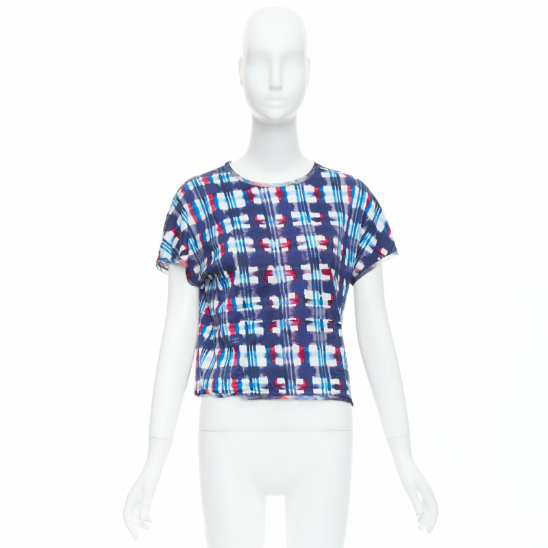 CHANEL 17P Runway blue red check CC logo print silk trim crop top FR36 S-8