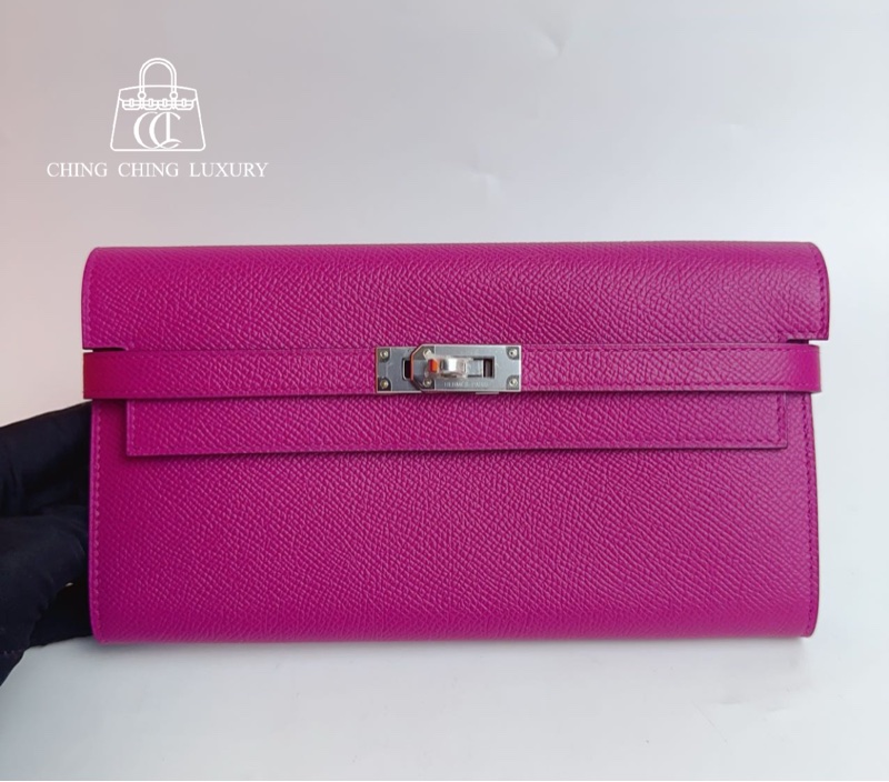 🌈Hermes💗Kelly Wallet💗L3玫瑰紫銀扣🌟99新🌟Epsom皮🌟長銀包🌟-0