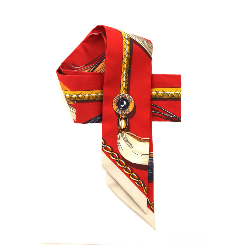 Hermes Red/Beige Silk Cavalcades Twilly Bandeau Scarf-0