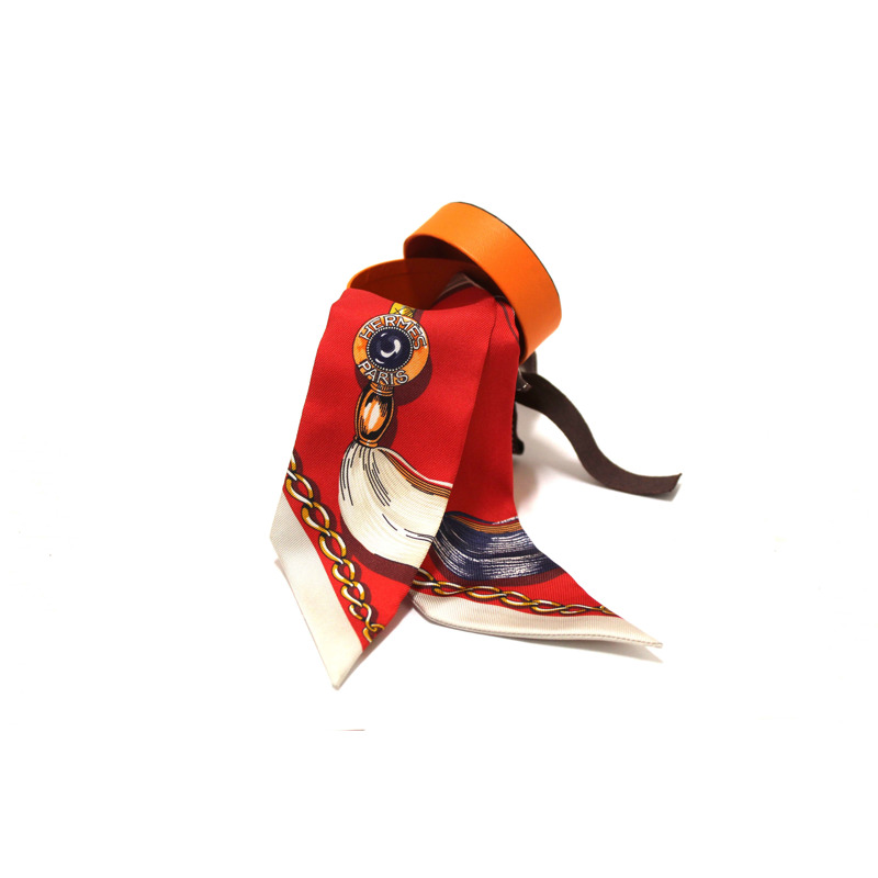 Hermes Red/Beige Silk Cavalcades Twilly Bandeau Scarf-1