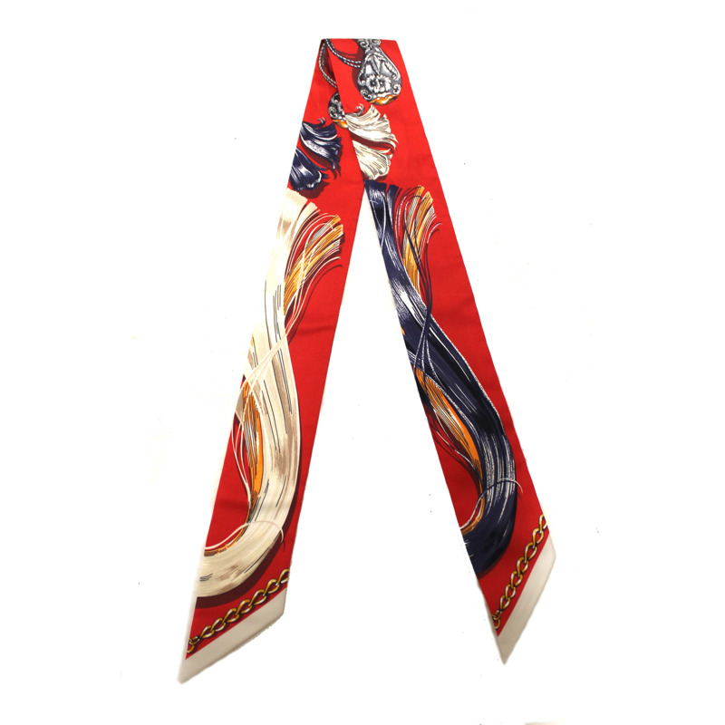Hermes Red/Beige Silk Cavalcades Twilly Bandeau Scarf-2