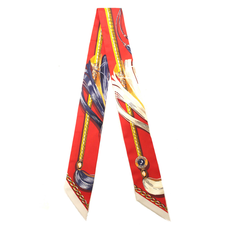 Hermes Red/Beige Silk Cavalcades Twilly Bandeau Scarf-3