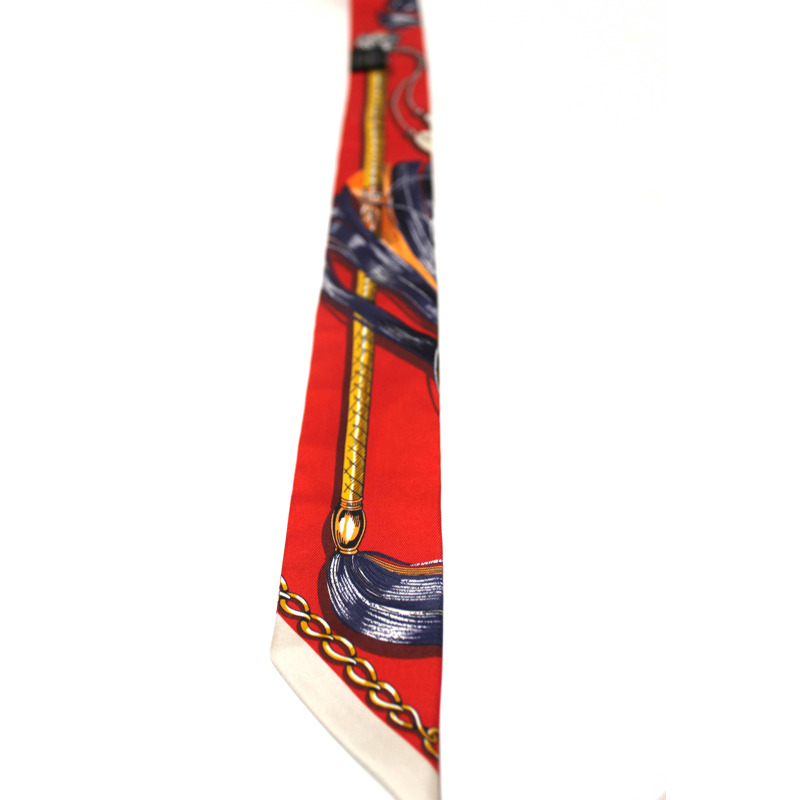 Hermes Red/Beige Silk Cavalcades Twilly Bandeau Scarf-4