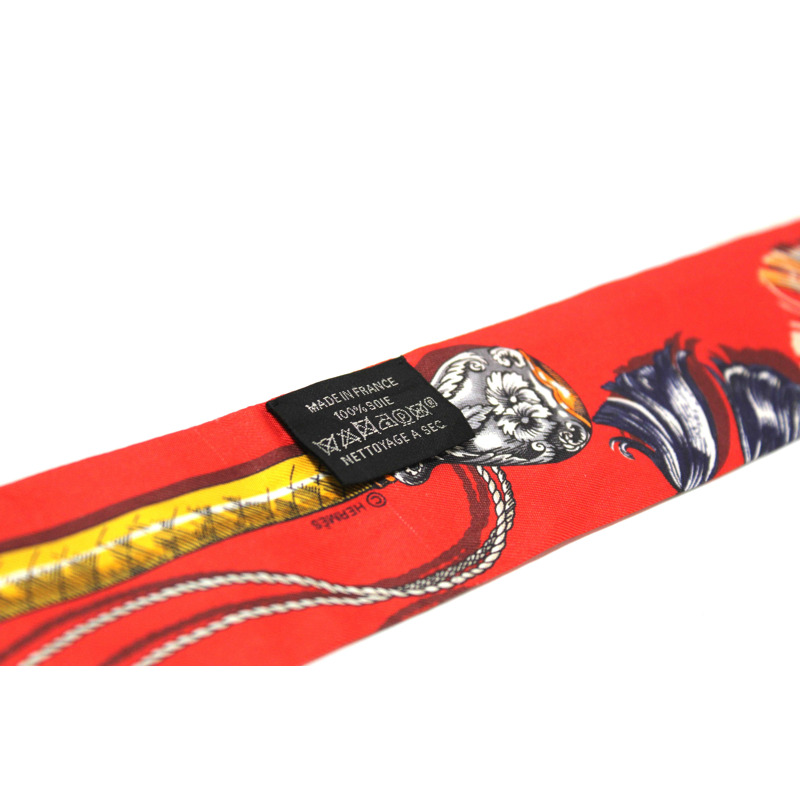 Hermes Red/Beige Silk Cavalcades Twilly Bandeau Scarf-5