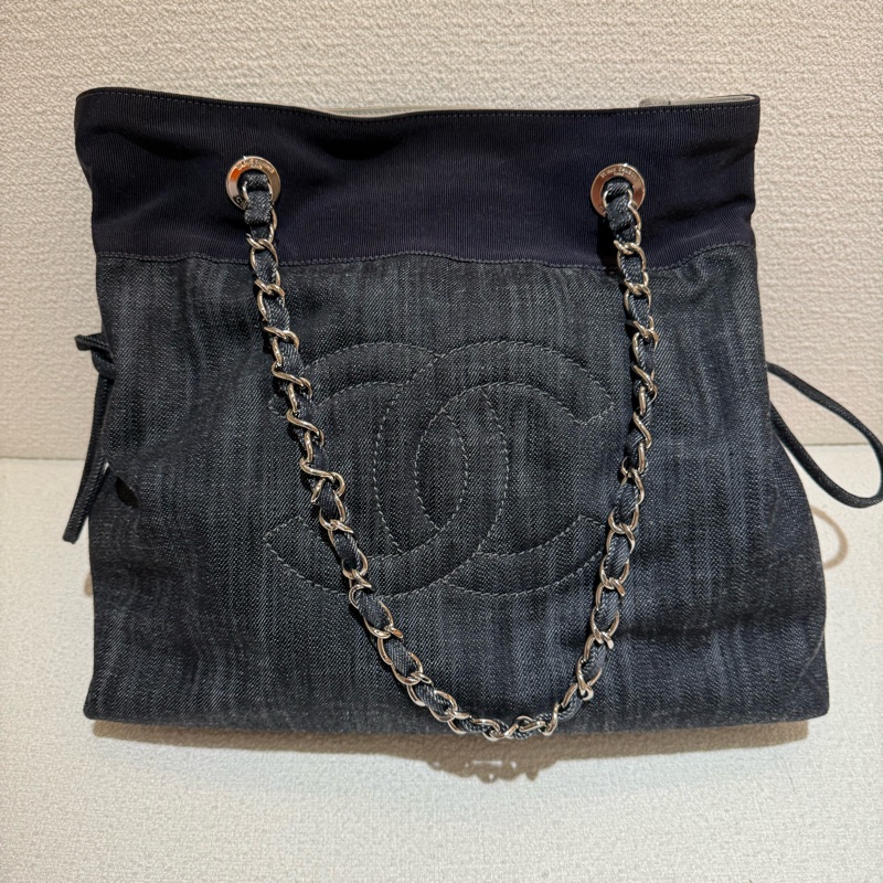 CHANEL 香奈兒深藍色牛仔銀鏈兩用束口肩背包-0
