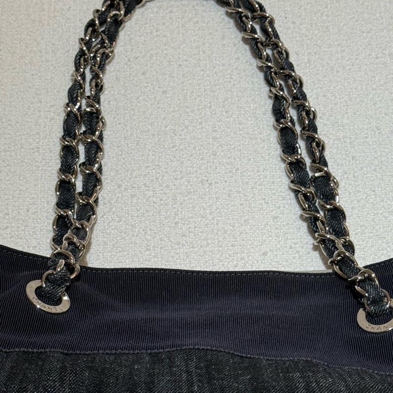 CHANEL 香奈兒深藍色牛仔銀鏈兩用束口肩背包-10