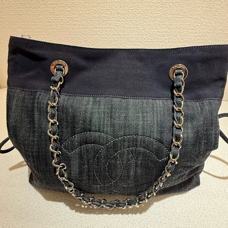 CHANEL 香奈兒深藍色牛仔銀鏈兩用束口肩背包-21