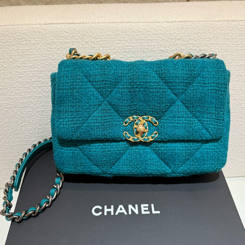 CHANEL 19小號香奈兒雙C logo藍綠色毛呢斜背包-0