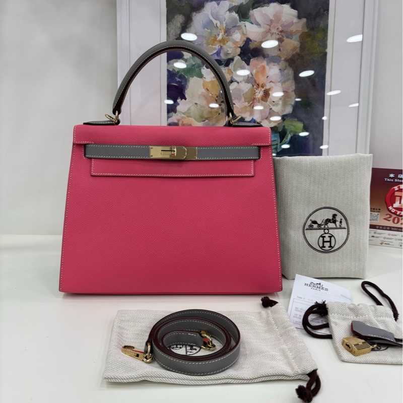 Hermes kelly28 唇膏粉拼瀝青灰 epsom 皮 馬蹄印 C刻 有購證-0