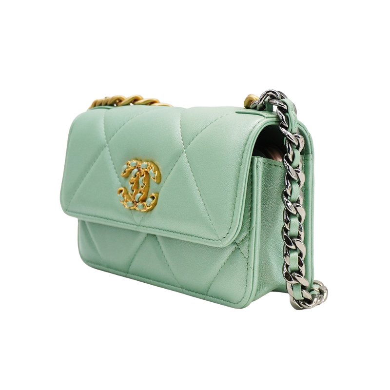 Chanel 展示品 19 菱格羊皮雙色鍊迷你斜背包(AP3067-珠光綠)-1