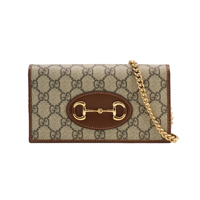 Gucci Horsebit 1955 帆布馬銜釦鍊帶長夾/斜背包(621892-咖)-0