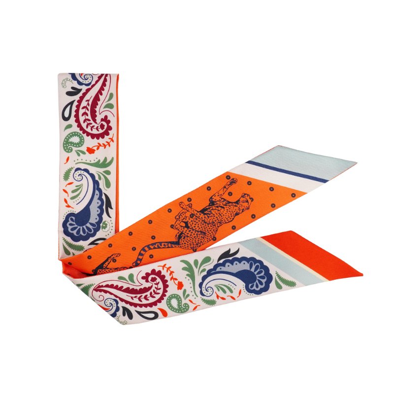 Hermes Guepards Bandana 變形蟲拚豹圖騰Twilly 絲巾(橘/米白)-1