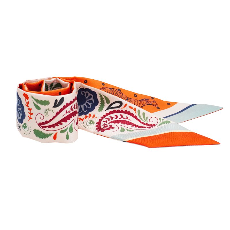 Hermes Guepards Bandana 變形蟲拚豹圖騰Twilly 絲巾(橘/米白)-4