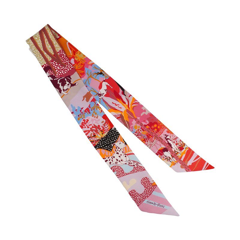 Hermes En Liberte 森林狗狗圖騰Twilly 絲巾(玫瑰紅/藍/胭脂紅)-0