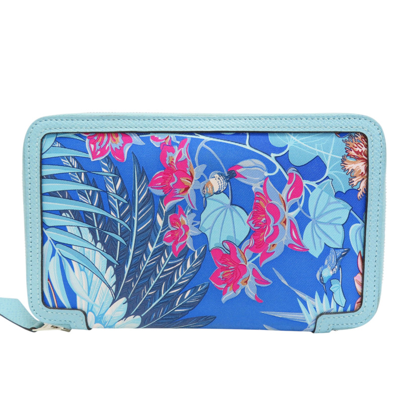 藍色 Epsom牛皮 絲巾布 Soie Cool 拉鍊長夾 X刻-1