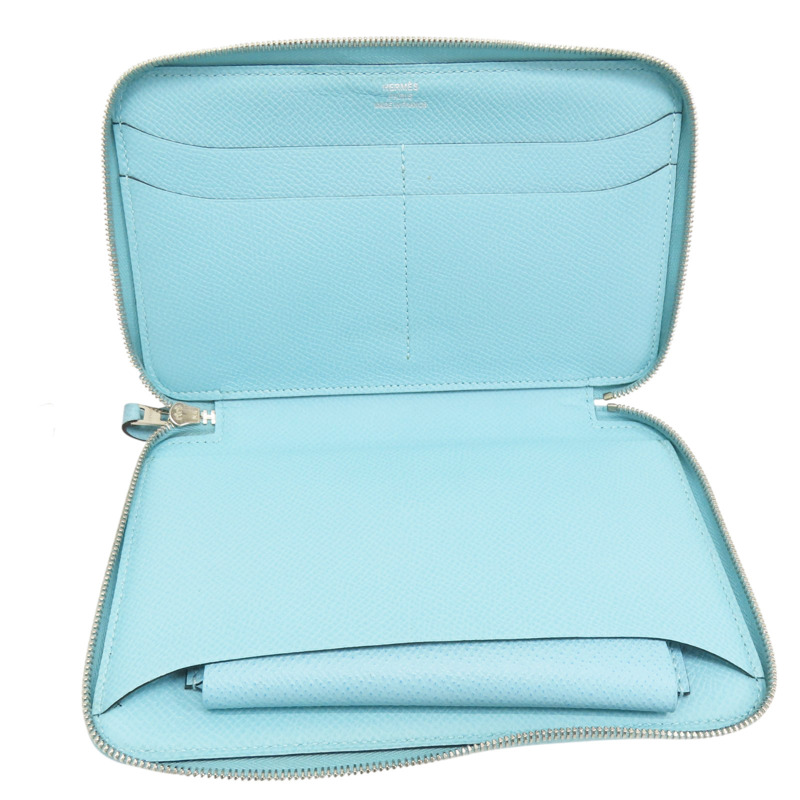 藍色 Epsom牛皮 絲巾布 Soie Cool 拉鍊長夾 X刻-6