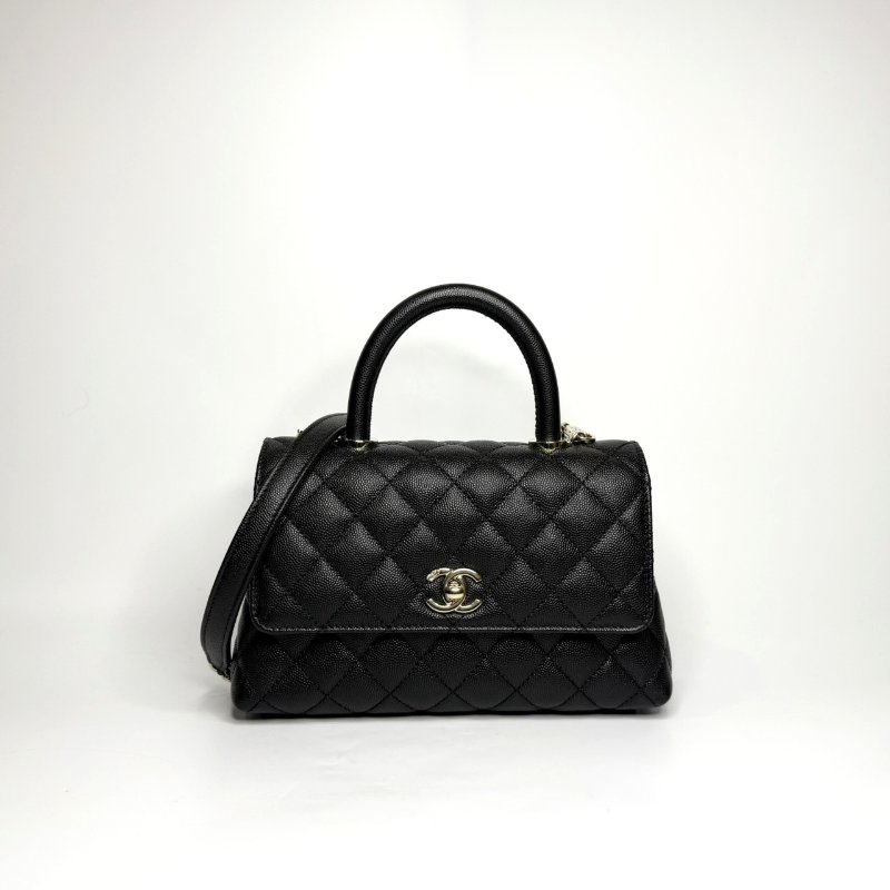 Chanel黑色金釦菱格紋荔枝皮小號CoCo Handle/A92990-0