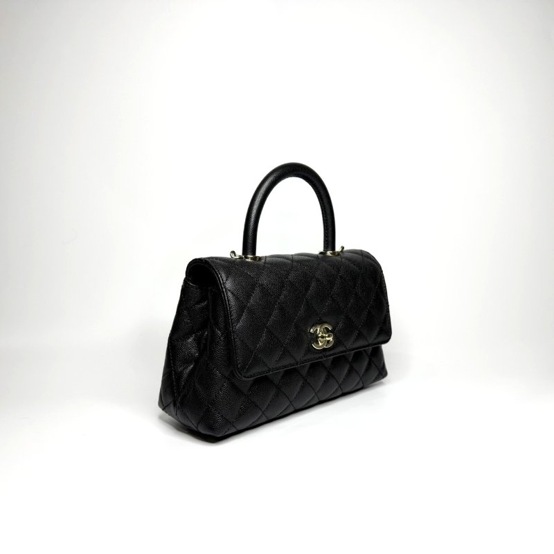 Chanel黑色金釦菱格紋荔枝皮小號CoCo Handle/A92990-2