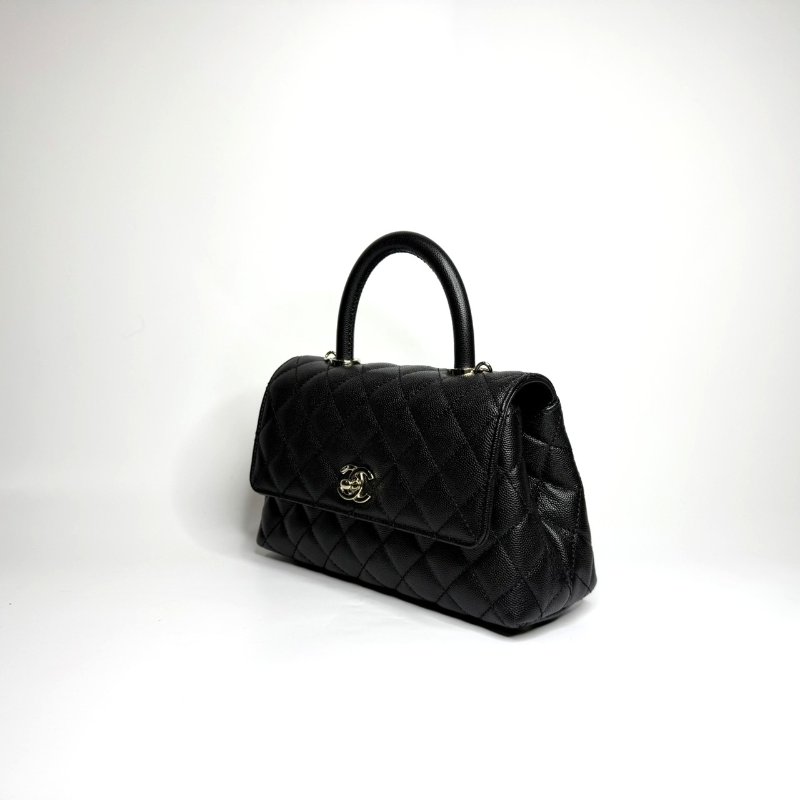 Chanel黑色金釦菱格紋荔枝皮小號CoCo Handle/A92990-3