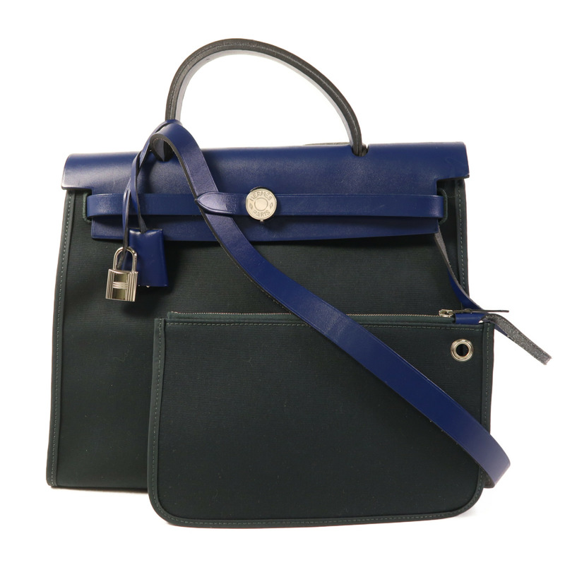 HERMES 帆布Herbag PM銀扣手挽肩背兩用袋Vert Cypress/Bleu Saphir-0