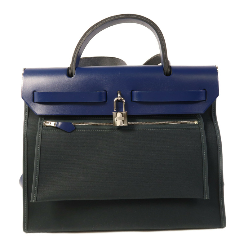 HERMES 帆布Herbag PM銀扣手挽肩背兩用袋Vert Cypress/Bleu Saphir-1