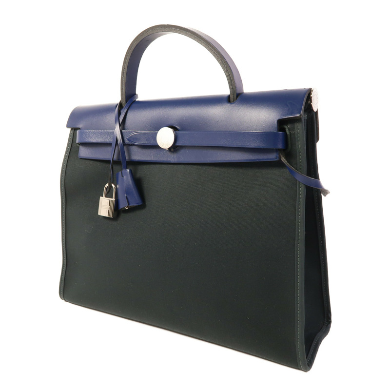 HERMES 帆布Herbag PM銀扣手挽肩背兩用袋Vert Cypress/Bleu Saphir-2